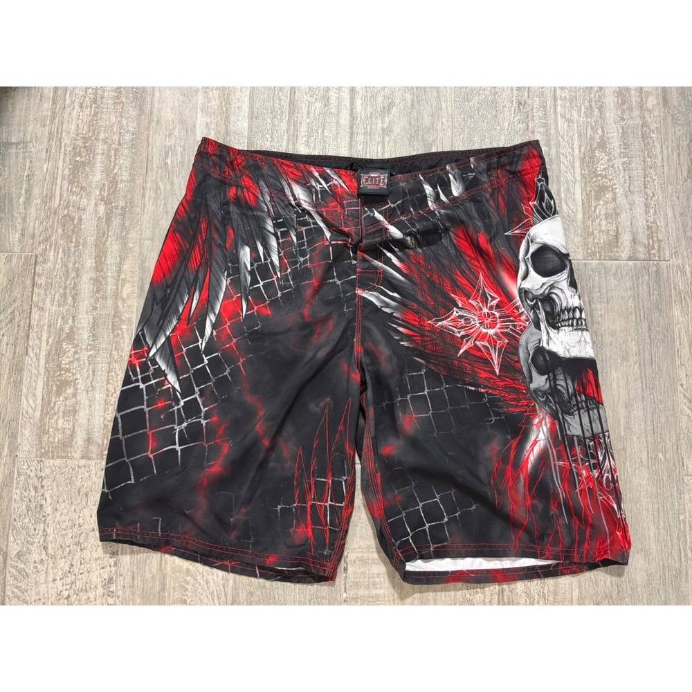 MMA Elite Mens Board Shorts XL Red Black Skull Graphic Swim Trunks Y2K Style